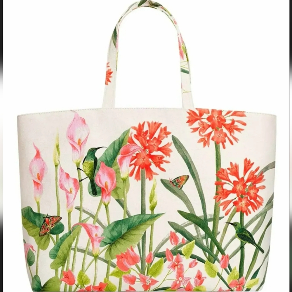 Canvas Floral Garden Tote Bag in White and Pink